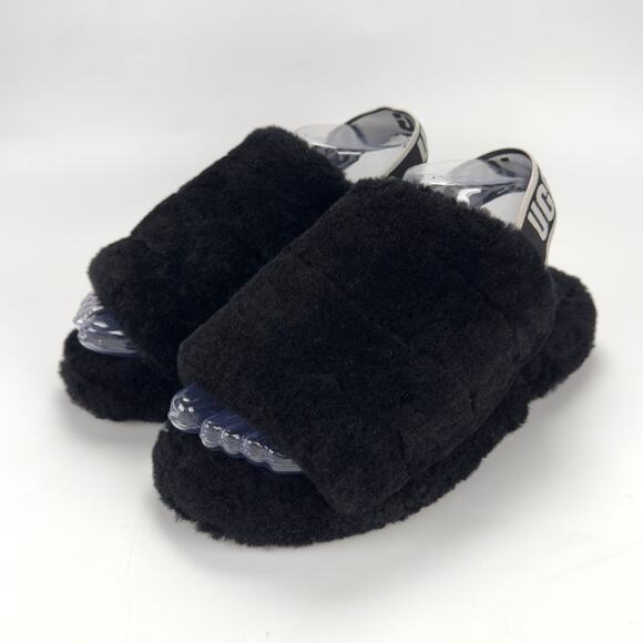 UGG Fluff Yeah Slippers Casual Black Slingback Fuzzy Girls Size 11 - Picture 2 of 9